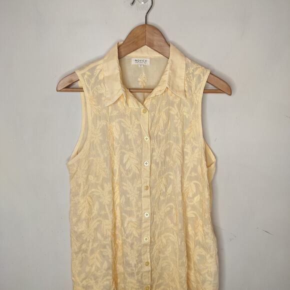Novica Button Up Shirt Floral Embroidered Cotton Sleeveless - Picture 2 of 11